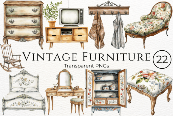 Download Vintage Furniture Watercolor Clipart - Vintage furniture Collection