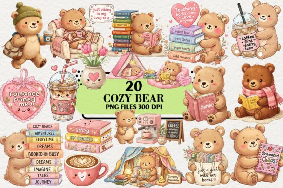 Download Kawaii Cozy Bear Coffee &amp; Books Clipart - Coffee Collection