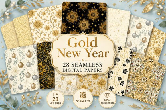 Download Gold New Year Seamless Digital Paper - Gold Collection